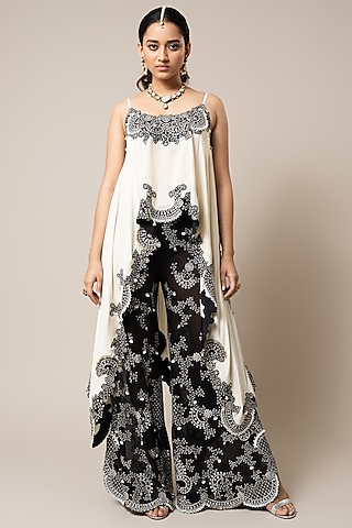 Black Georgette Hand Embroidered Pant Set by Nupur Kanoi