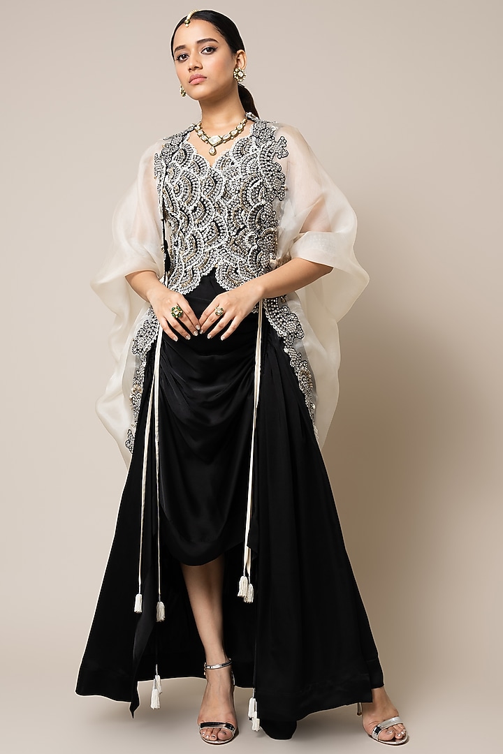 Black Satin Circular Gathered Skirt Set by Nupur Kanoi at Pernia's Pop Up Shop