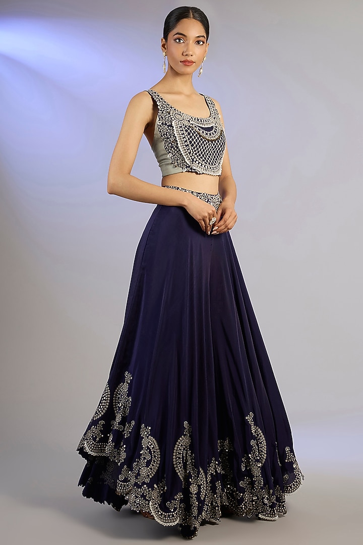 Navy Blue Crepe Hand Embroidered Bridal Sharara Set by Nupur Kanoi at Pernia's Pop Up Shop