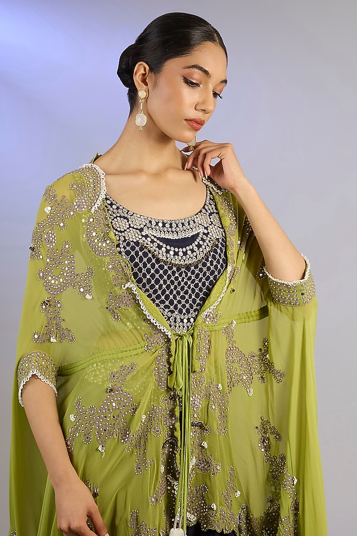 Navy Blue Crepe Hand Embroidered Bridal Sharara Set by Nupur Kanoi at Pernia's Pop Up Shop