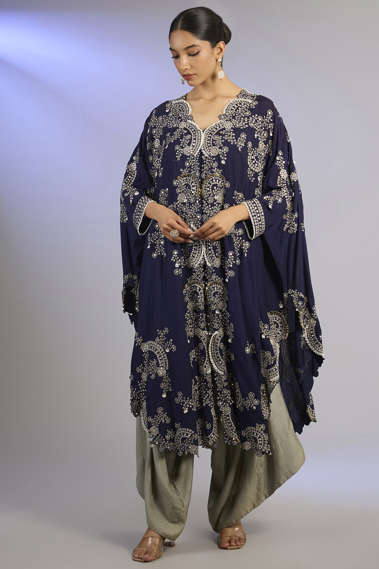 Navy Blue Silk Hand Embroidered Cape Set by Nupur Kanoi at Pernia's Pop Up Shop