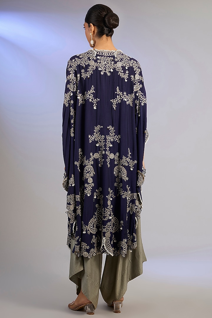 Navy Blue Silk Hand Embroidered Cape Set by Nupur Kanoi at Pernia's Pop Up Shop