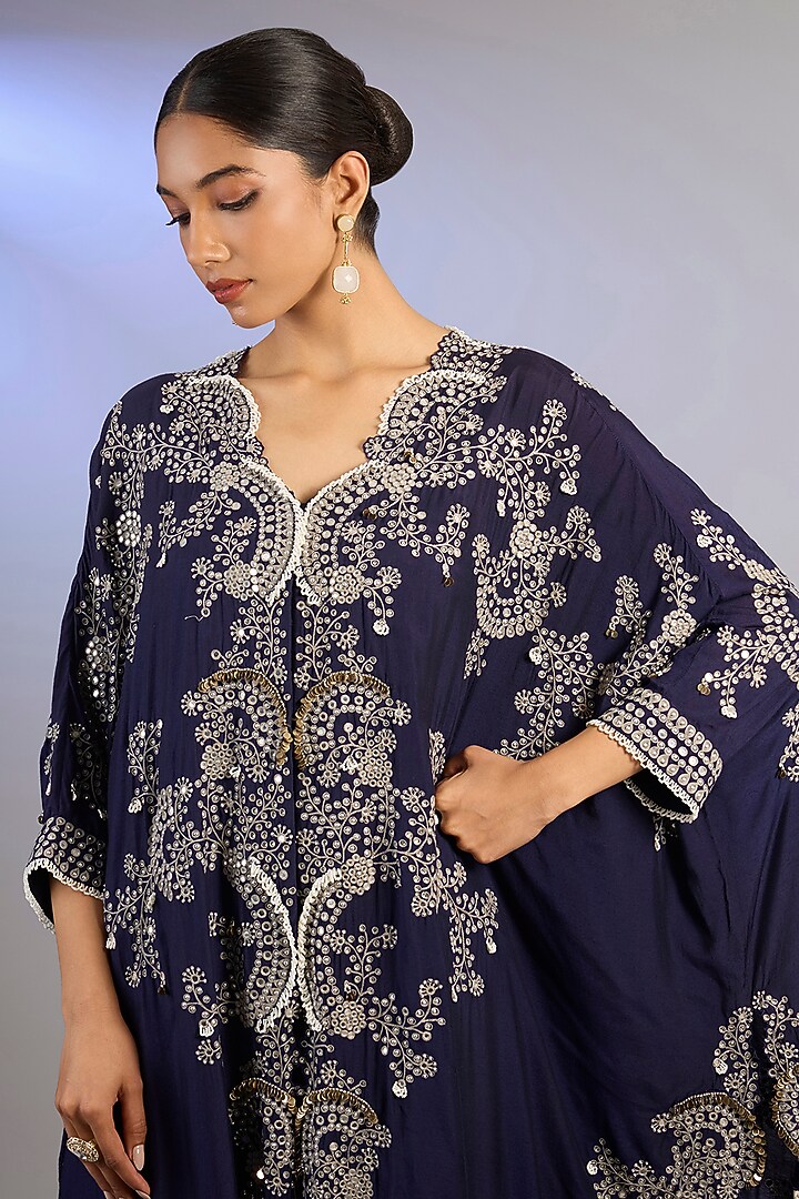 Navy Blue Silk Hand Embroidered Cape Set by Nupur Kanoi at Pernia's Pop Up Shop
