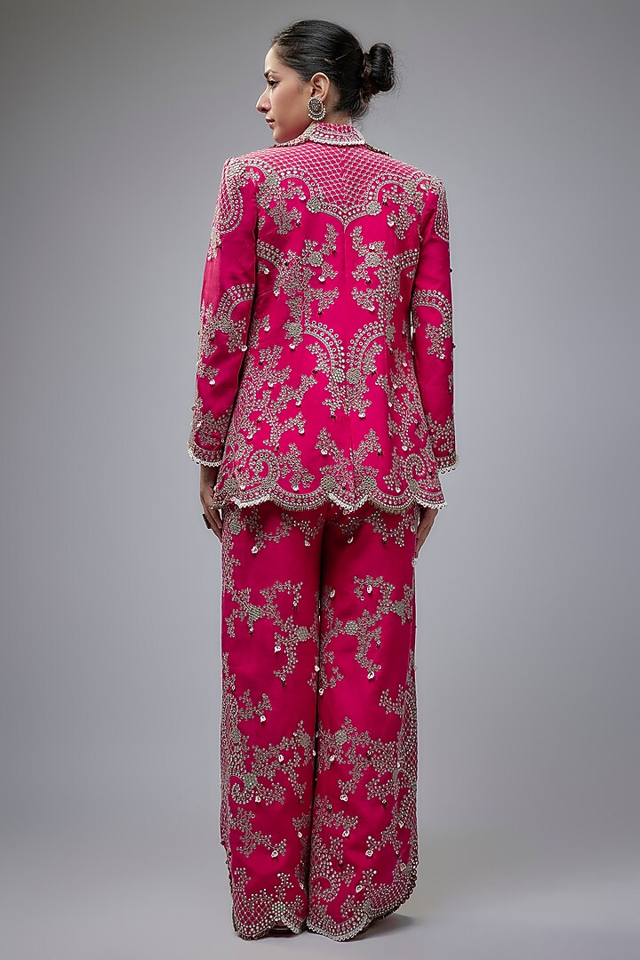Fuchsia Crepe Hand Embroidered Pant Set by Nupur Kanoi at Pernia's Pop Up Shop