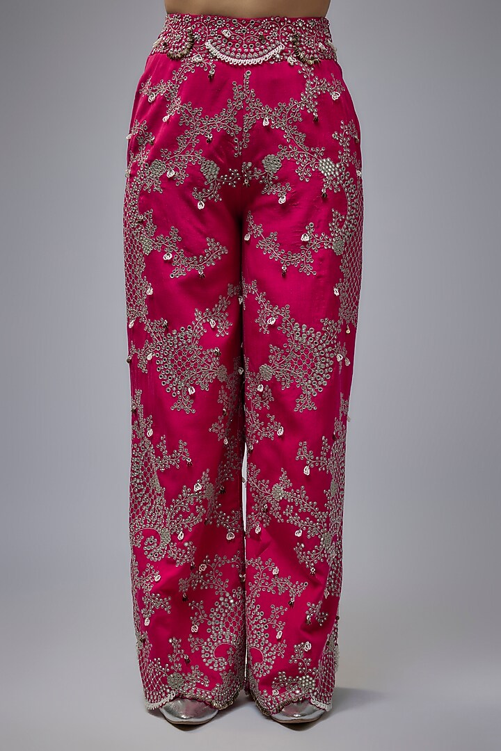 Fuchsia Crepe Hand Embroidered Pant Set by Nupur Kanoi at Pernia's Pop Up Shop
