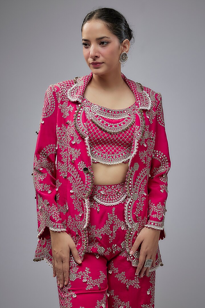 Fuchsia Crepe Hand Embroidered Pant Set by Nupur Kanoi at Pernia's Pop Up Shop