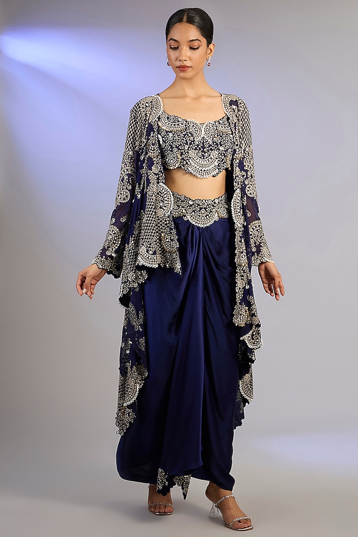 Navy Blue Satin Knotted Skirt Set by Nupur Kanoi at Pernia's Pop Up Shop