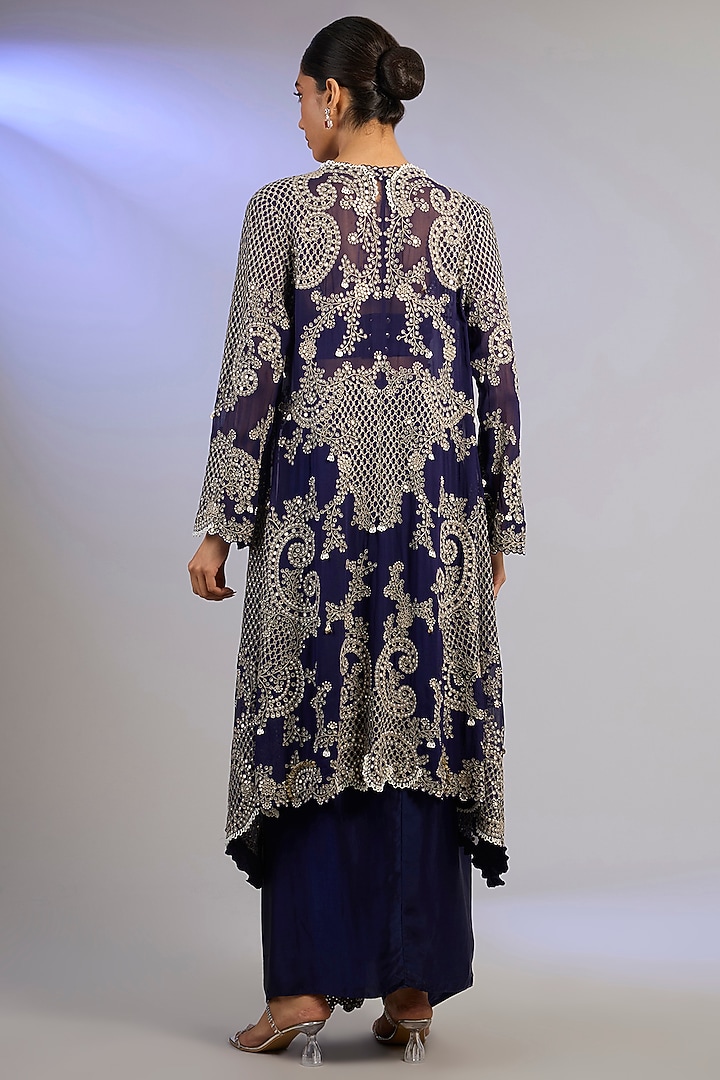 Navy Blue Satin Knotted Skirt Set by Nupur Kanoi at Pernia's Pop Up Shop