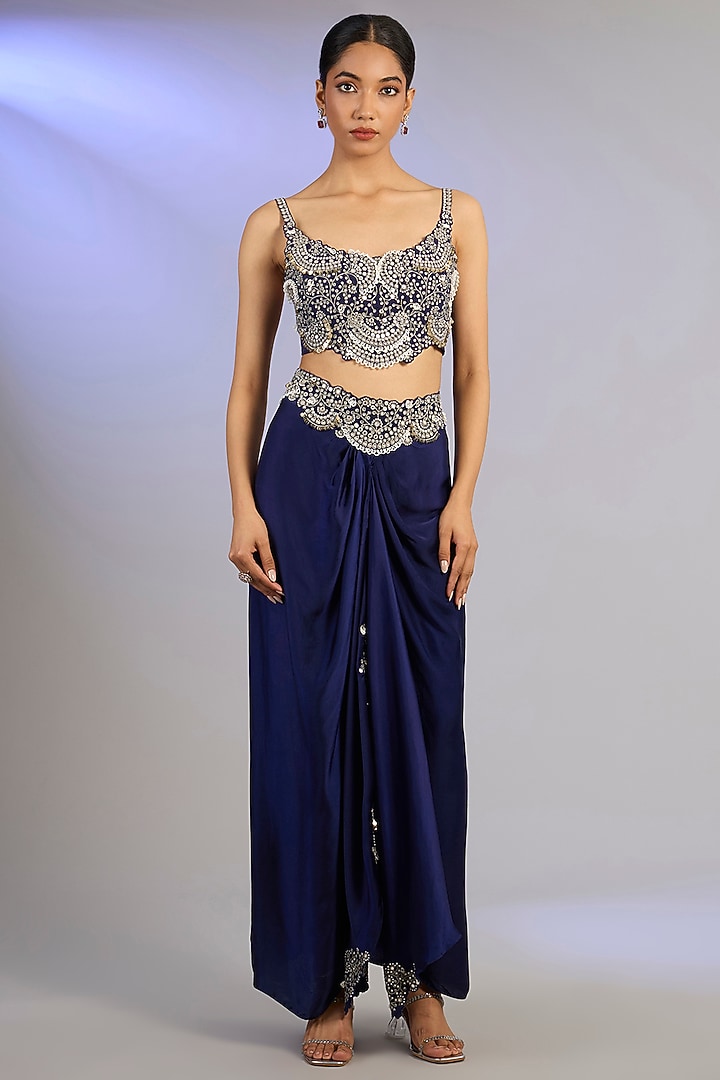 Navy Blue Satin Knotted Skirt Set by Nupur Kanoi at Pernia's Pop Up Shop