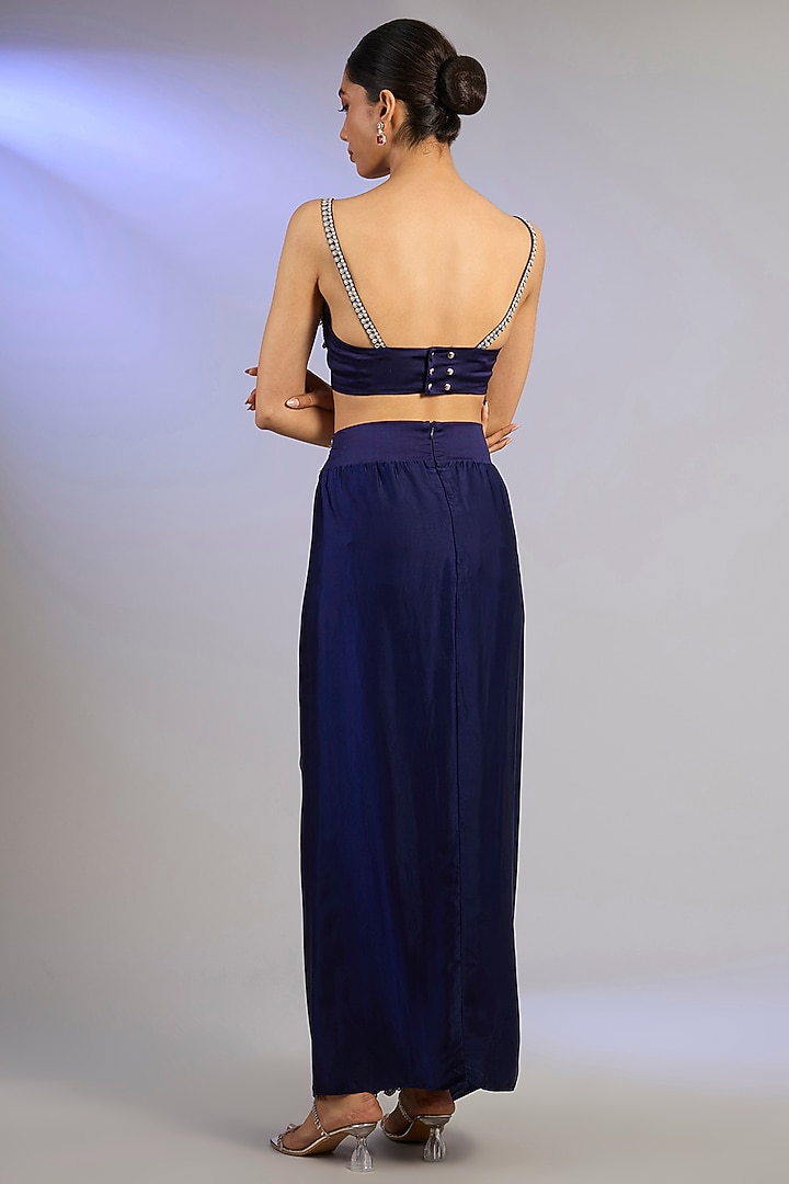 Navy Blue Satin Knotted Skirt Set by Nupur Kanoi at Pernia's Pop Up Shop