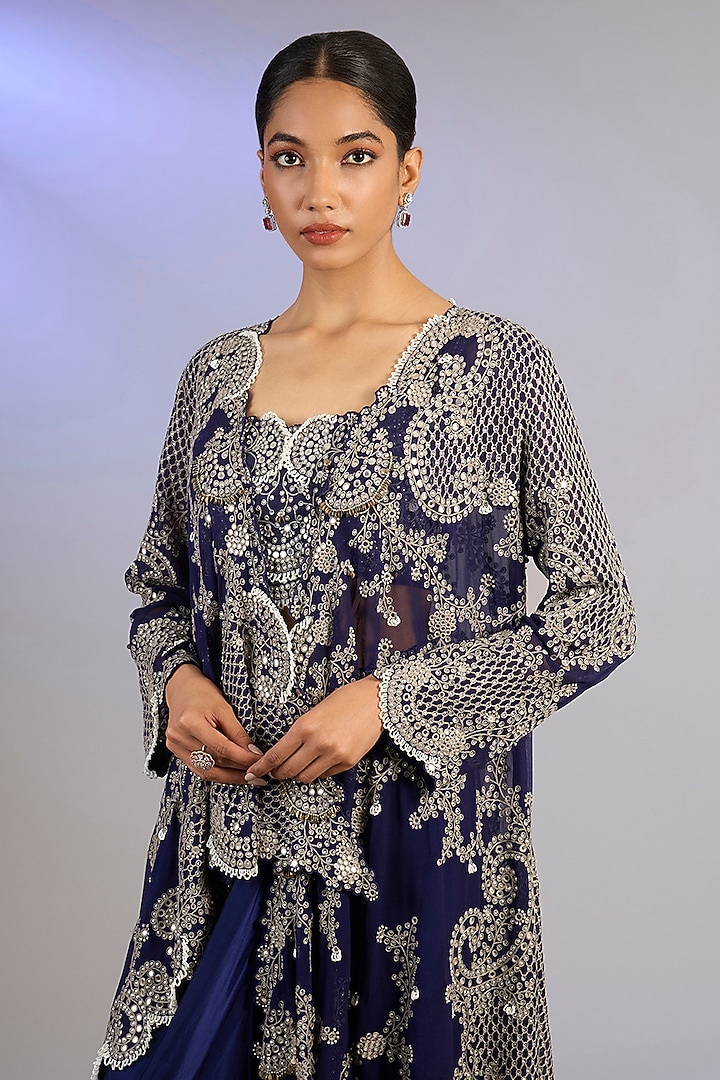 Navy Blue Satin Knotted Skirt Set by Nupur Kanoi at Pernia's Pop Up Shop