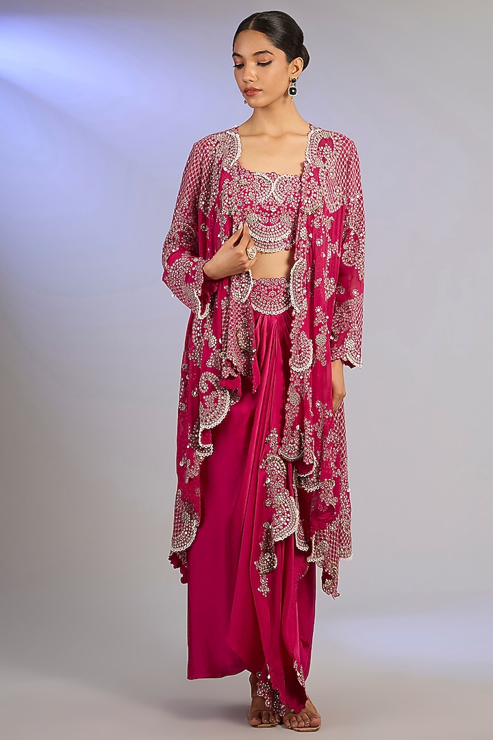 Fuchsia Satin Knotted Skirt Set by Nupur Kanoi at Pernia's Pop Up Shop