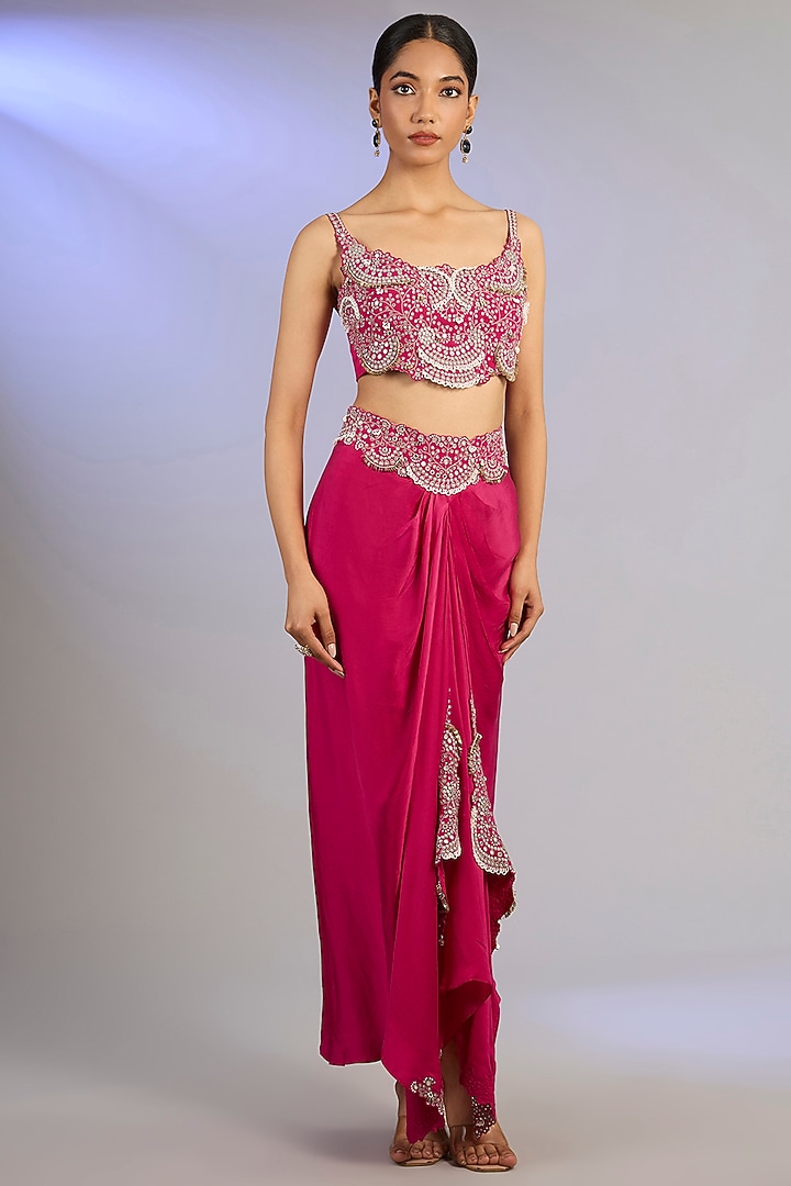 Fuchsia Satin Knotted Skirt Set by Nupur Kanoi at Pernia's Pop Up Shop