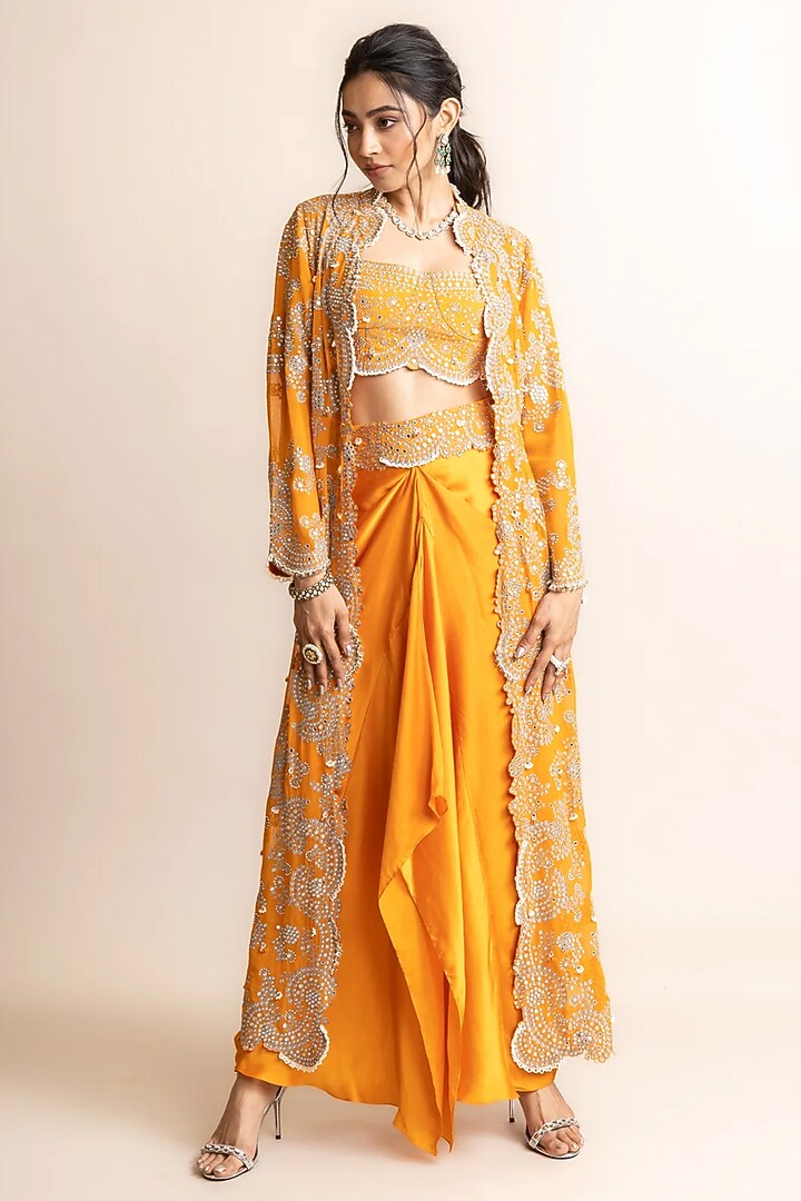 Orange Satin Hand Embroidered Skirt Set by Nupur Kanoi at Pernia's Pop Up Shop