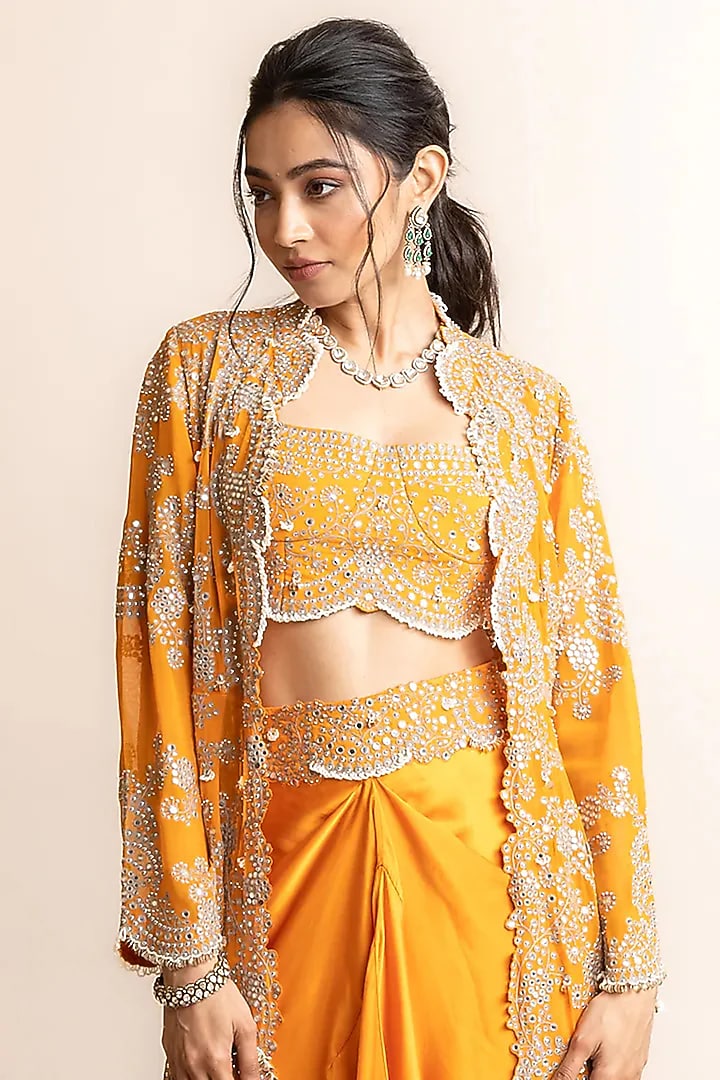 Orange Satin Hand Embroidered Skirt Set by Nupur Kanoi at Pernia's Pop Up Shop