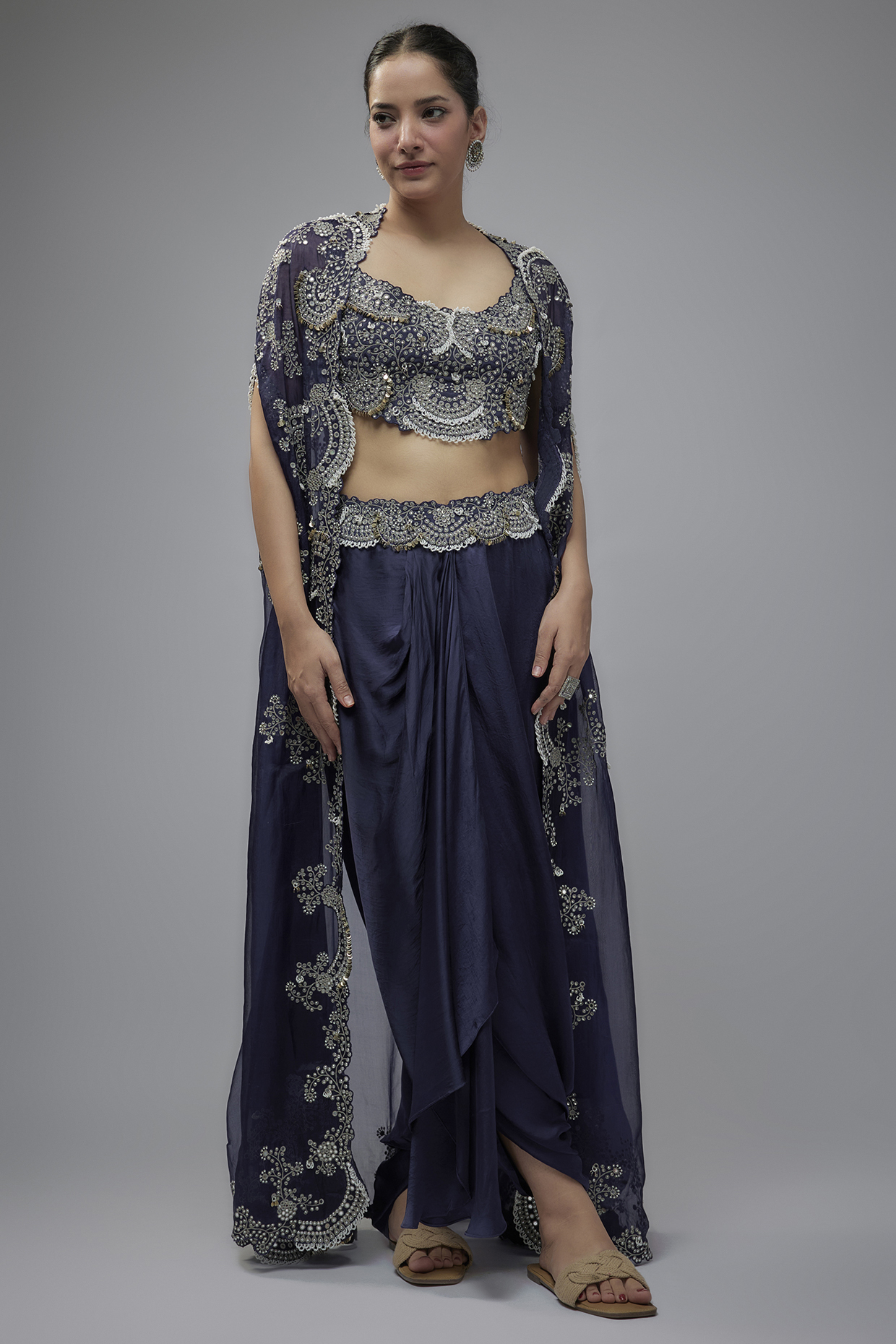 Navy Blue Organza Mirror Embroidered Gathered Cape Set by Nupur Kanoi at Pernia's Pop Up Shop