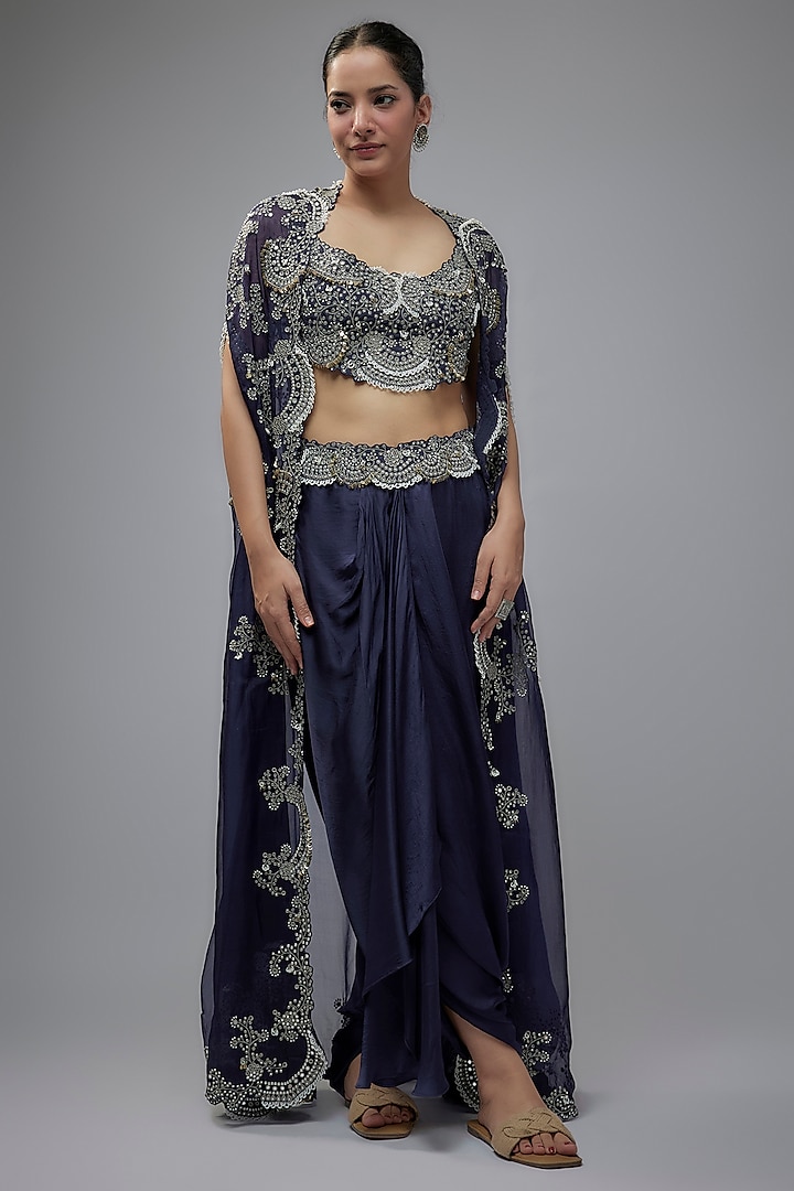 Navy Blue Organza Mirror Embroidered Gathered Cape Set by Nupur Kanoi at Pernia's Pop Up Shop