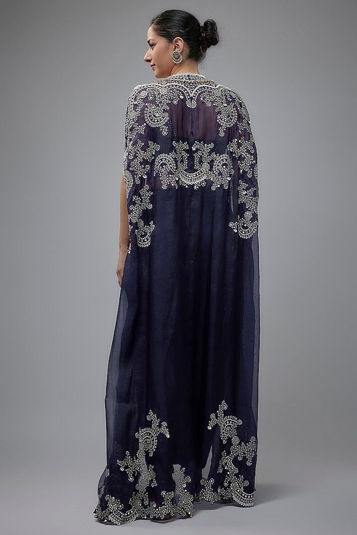 Navy Blue Organza Mirror Embroidered Gathered Cape Set by Nupur Kanoi at Pernia's Pop Up Shop