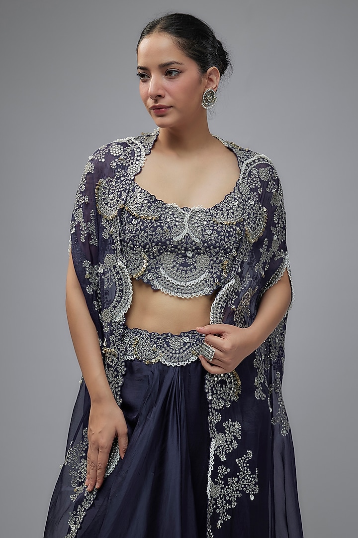 Navy Blue Organza Mirror Embroidered Gathered Cape Set by Nupur Kanoi at Pernia's Pop Up Shop