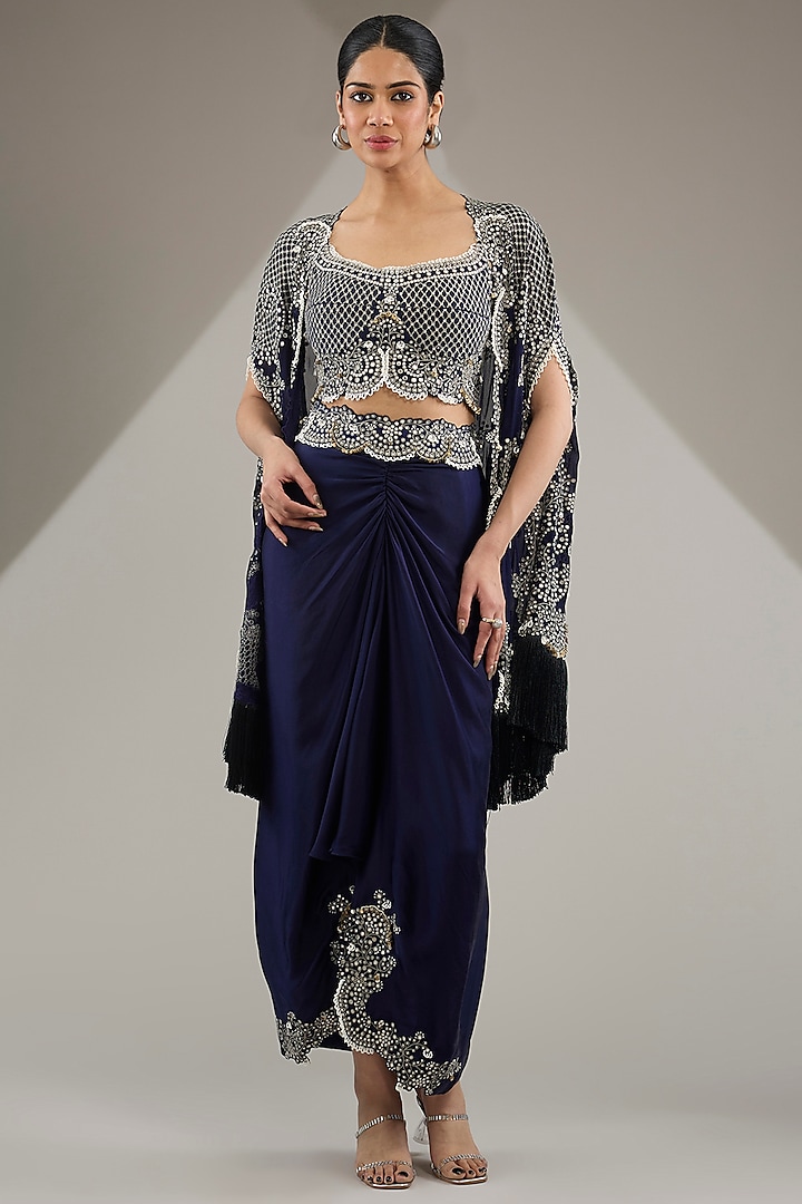 Navy Blue Georgette Hand Embroidered Cape Set by Nupur Kanoi at Pernia's Pop Up Shop