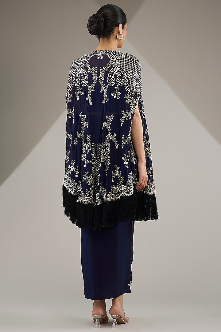Navy Blue Georgette Hand Embroidered Cape Set by Nupur Kanoi at Pernia's Pop Up Shop