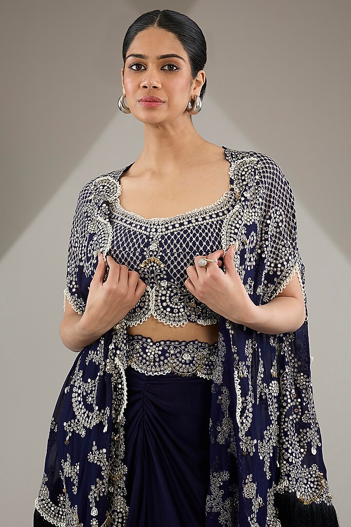 Navy Blue Georgette Hand Embroidered Cape Set by Nupur Kanoi at Pernia's Pop Up Shop