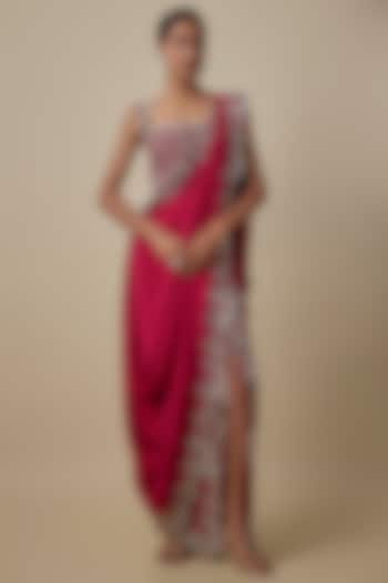 Burgundy Silk Hand Embroidered Pre-Draped Slit Saree Set by Nupur Kanoi at Pernia's Pop Up Shop