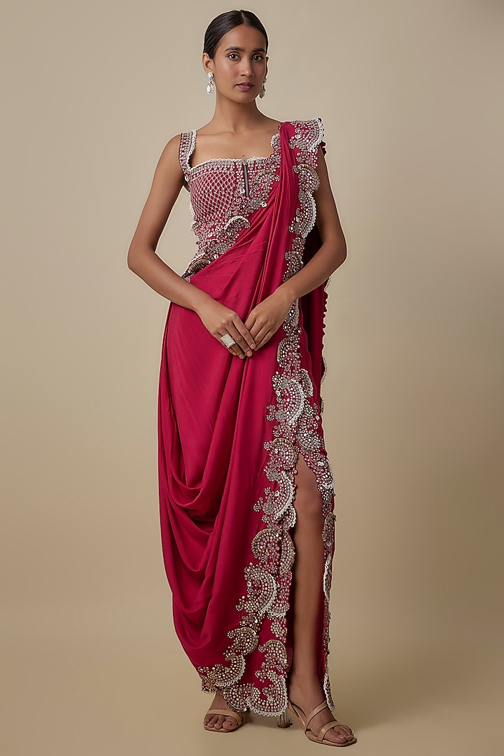 Burgundy Silk Hand Embroidered Pre-Draped Slit Saree Set by Nupur Kanoi at Pernia's Pop Up Shop