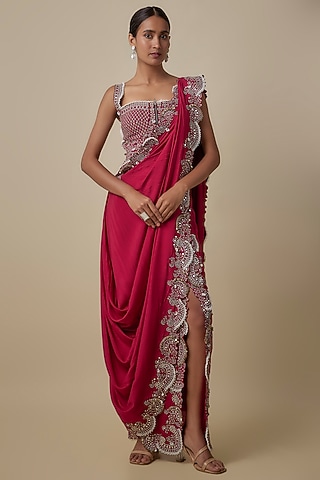 Burgundy Silk Hand Embroidered Pre-Draped Slit Saree Set by Nupur Kanoi