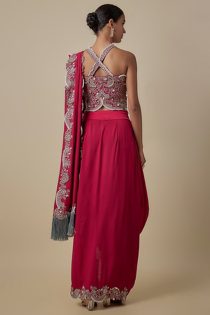 Burgundy Silk Hand Embroidered Pre-Draped Slit Reception Saree Set by Nupur Kanoi at Pernia's Pop Up Shop