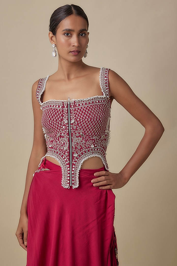 Burgundy Silk Hand Embroidered Pre-Draped Slit Reception Saree Set by Nupur Kanoi at Pernia's Pop Up Shop