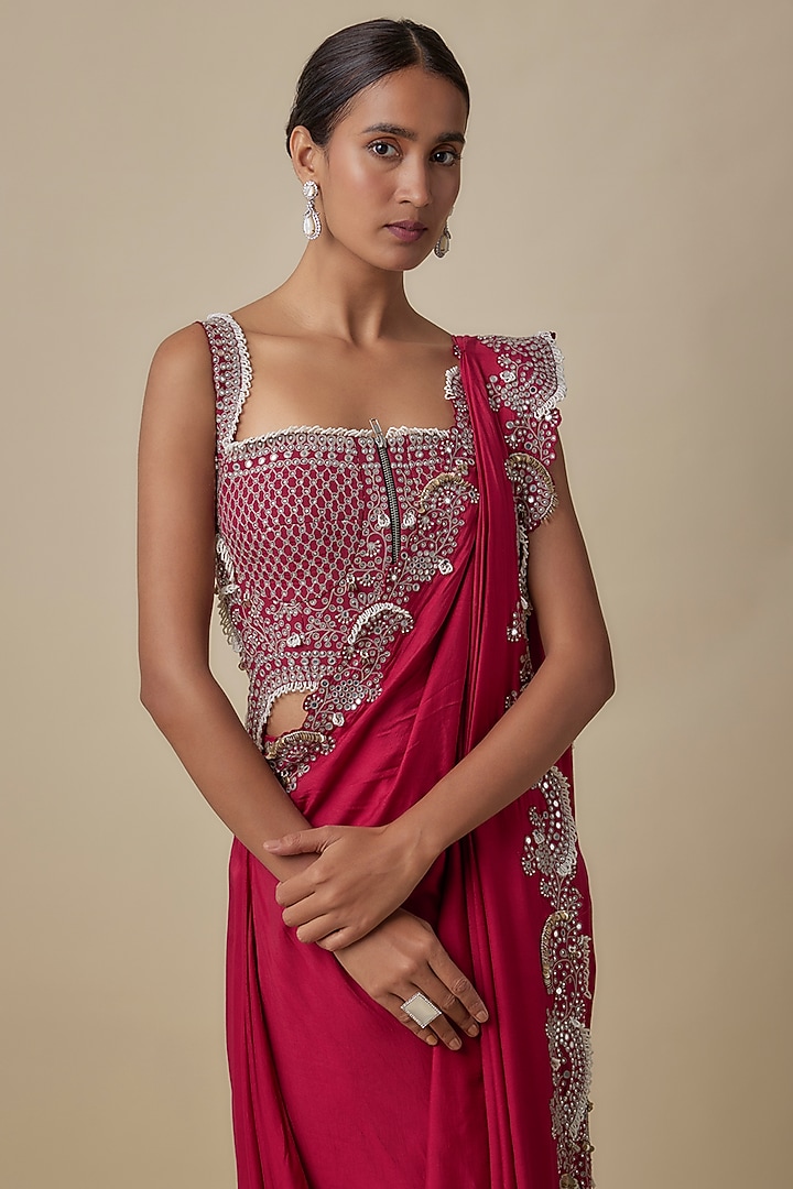 Burgundy Silk Hand Embroidered Pre-Draped Slit Reception Saree Set by Nupur Kanoi at Pernia's Pop Up Shop
