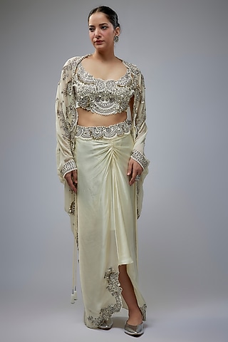 Off-White Satin Skirt Set by Nupur Kanoi