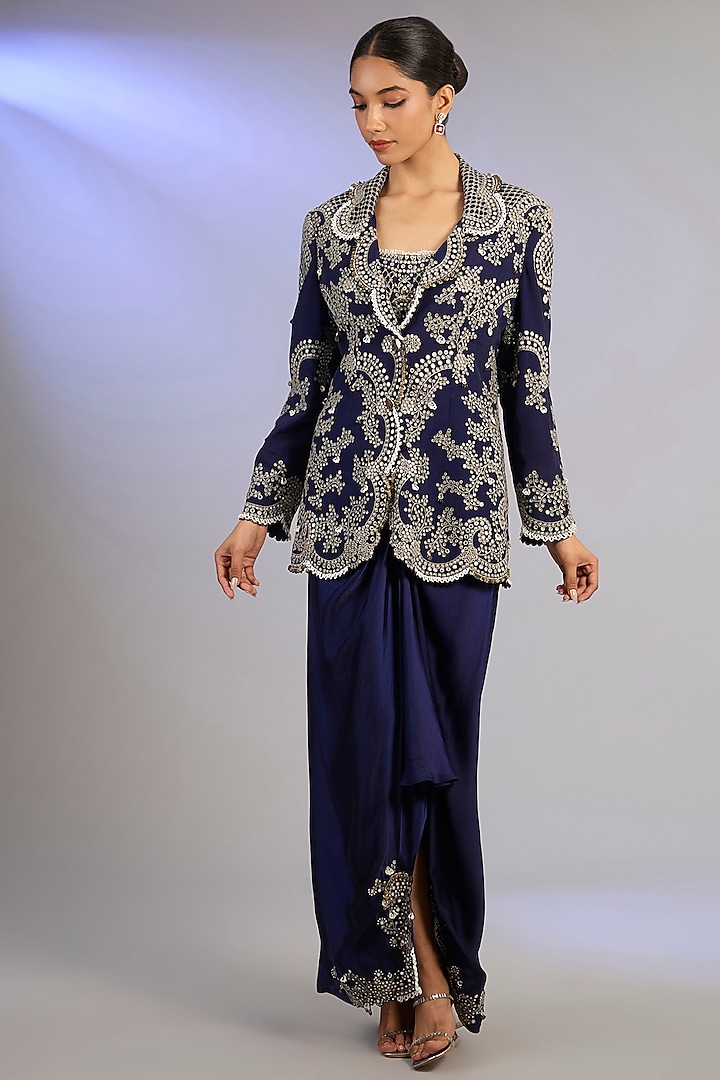 Navy Crepe Hand Embroidered Blazer Set by Nupur Kanoi at Pernia's Pop Up Shop