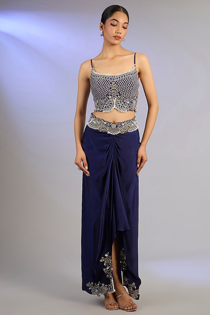 Navy Crepe Hand Embroidered Blazer Set by Nupur Kanoi at Pernia's Pop Up Shop