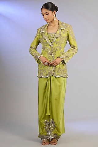 Pista Green Crepe Hand Embroidered Blazer Set by Nupur Kanoi
