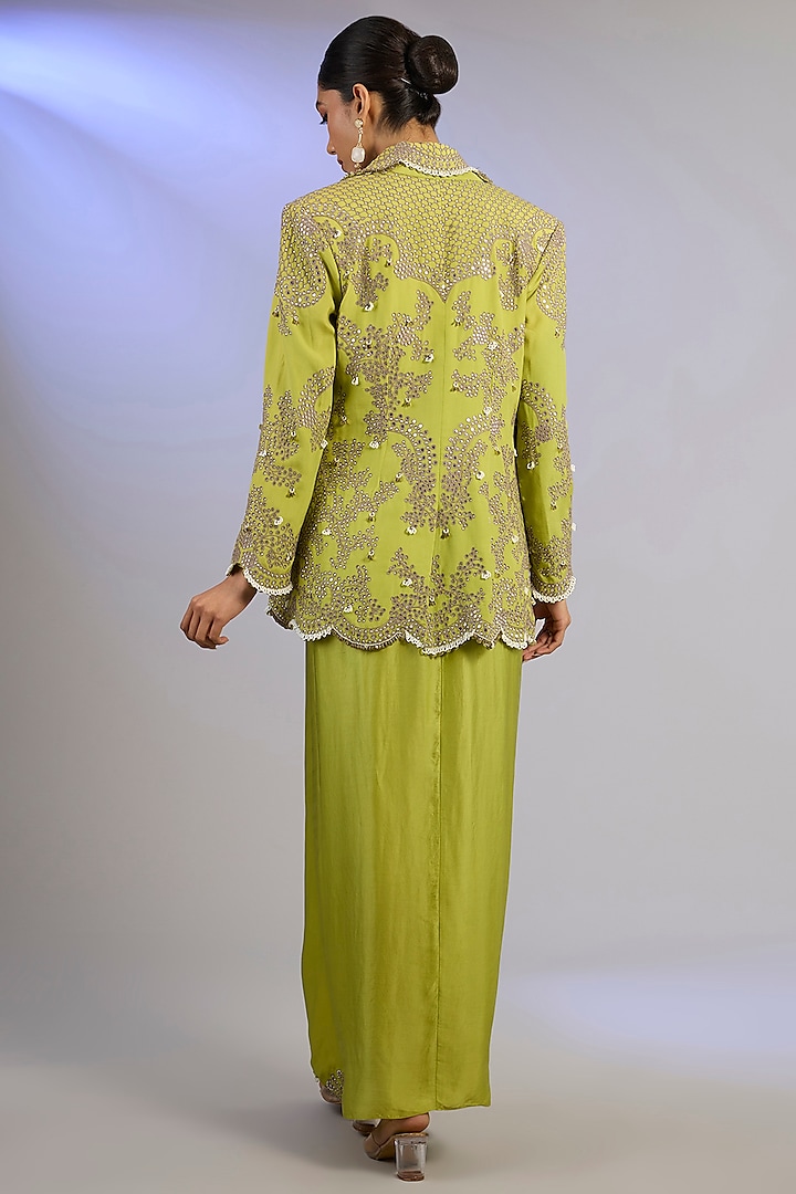 Pista Green Crepe Hand Embroidered Blazer Set by Nupur Kanoi at Pernia's Pop Up Shop