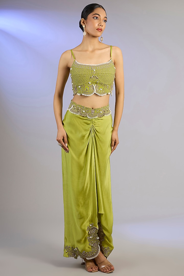 Pista Green Crepe Hand Embroidered Blazer Set by Nupur Kanoi at Pernia's Pop Up Shop