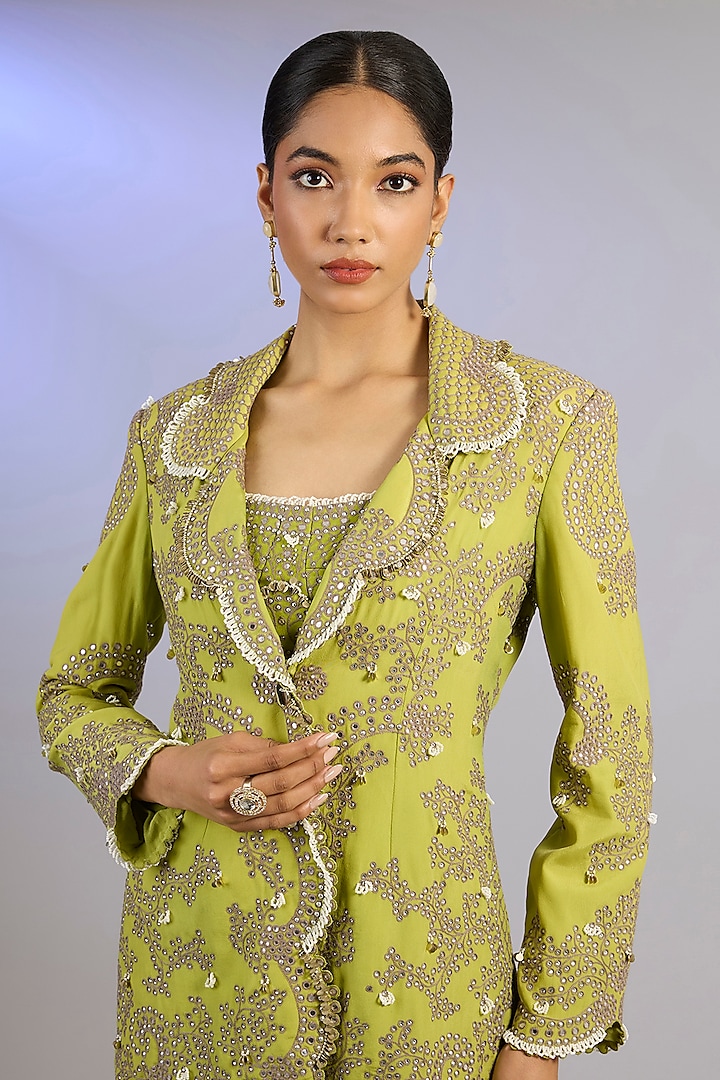 Pista Green Crepe Hand Embroidered Blazer Set by Nupur Kanoi at Pernia's Pop Up Shop