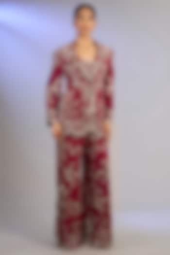 Burgundy Georgette Hand Embroidered Pant Set by Nupur Kanoi at Pernia's Pop Up Shop