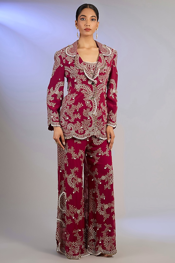 Burgundy Georgette Hand Embroidered Pant Set by Nupur Kanoi at Pernia's Pop Up Shop