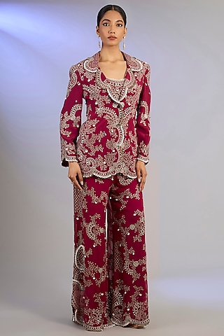 Burgundy Georgette Hand Embroidered Pant Set by Nupur Kanoi