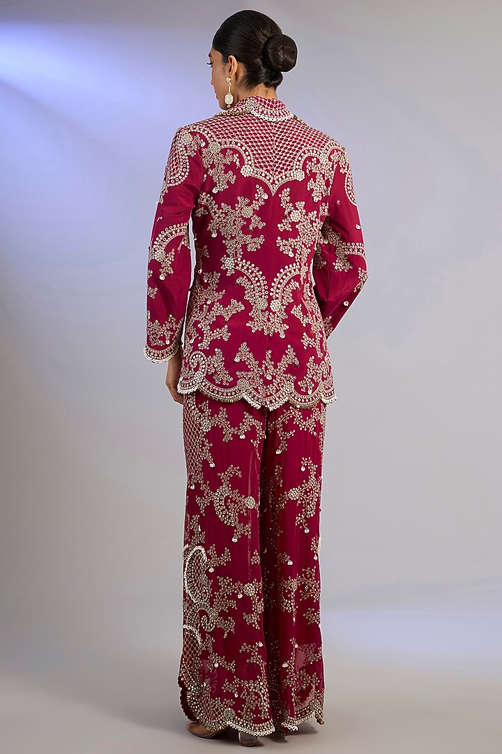 Burgundy Georgette Hand Embroidered Pant Set by Nupur Kanoi at Pernia's Pop Up Shop