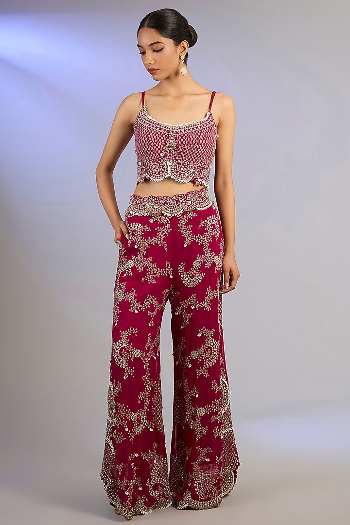 Burgundy Georgette Hand Embroidered Pant Set by Nupur Kanoi at Pernia's Pop Up Shop