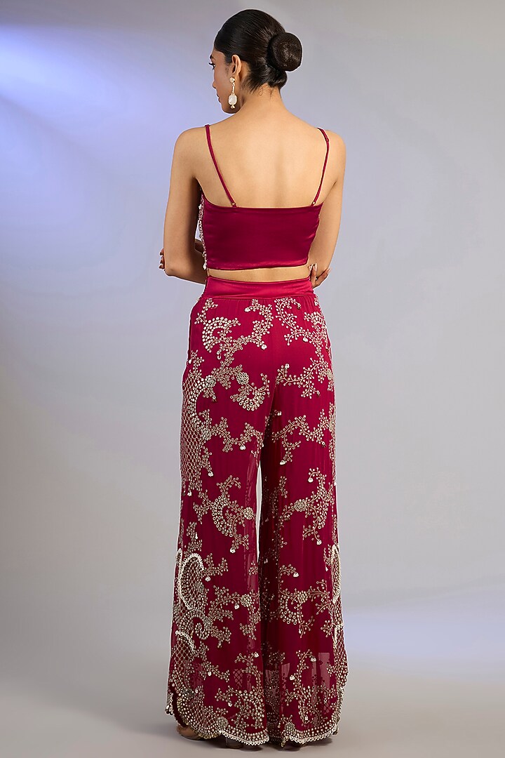 Burgundy Georgette Hand Embroidered Pant Set by Nupur Kanoi at Pernia's Pop Up Shop
