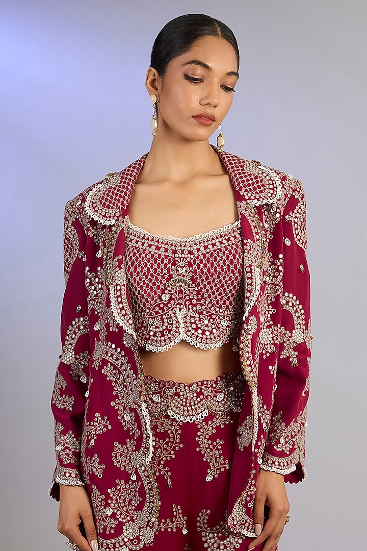 Burgundy Georgette Hand Embroidered Pant Set by Nupur Kanoi at Pernia's Pop Up Shop