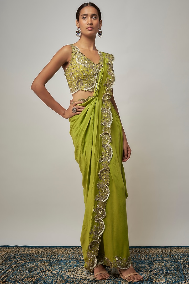 Pista Green Silk Hand Embroidered Pre-Draped Slit Reception Saree Set by Nupur Kanoi at Pernia's Pop Up Shop