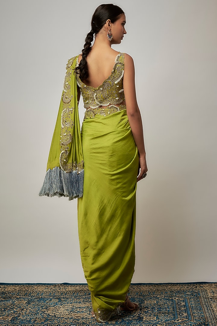 Pista Green Silk Hand Embroidered Pre-Draped Slit Reception Saree Set by Nupur Kanoi at Pernia's Pop Up Shop