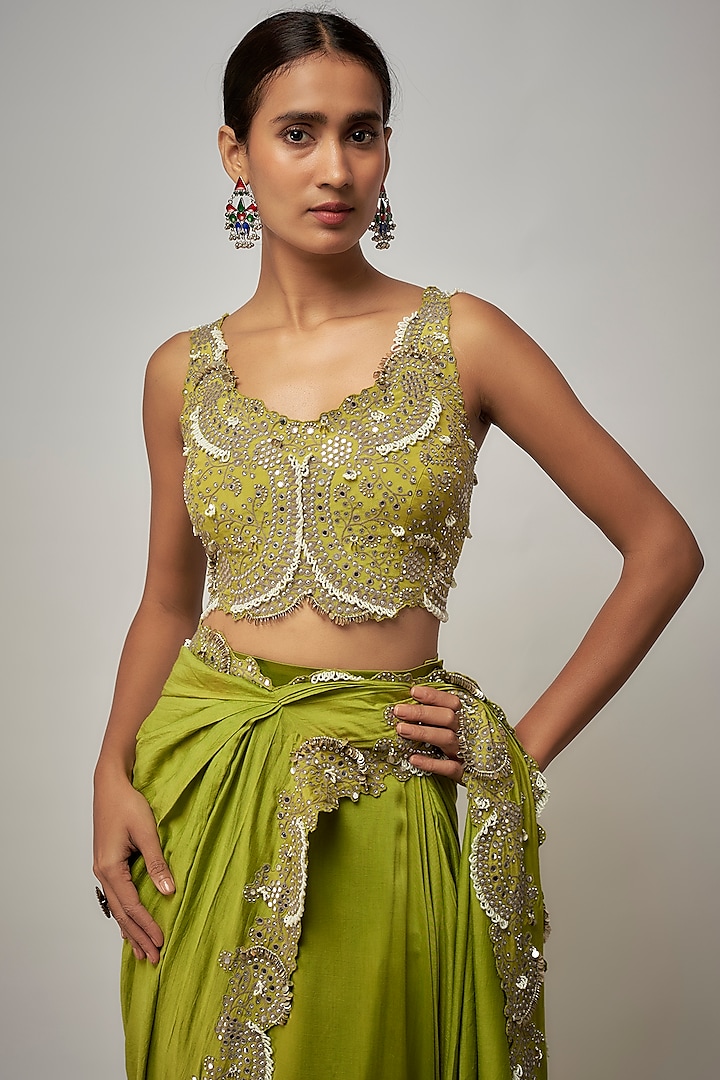 Pista Green Silk Hand Embroidered Pre-Draped Slit Reception Saree Set by Nupur Kanoi at Pernia's Pop Up Shop