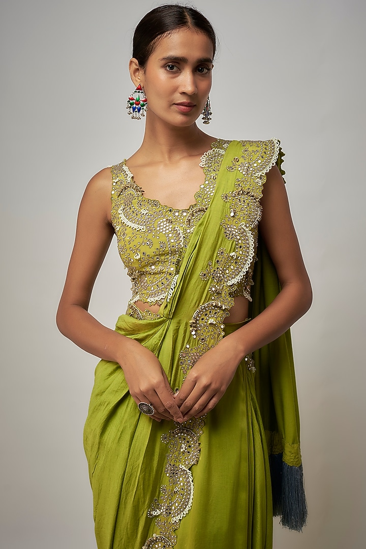 Pista Green Silk Hand Embroidered Pre-Draped Slit Reception Saree Set by Nupur Kanoi at Pernia's Pop Up Shop
